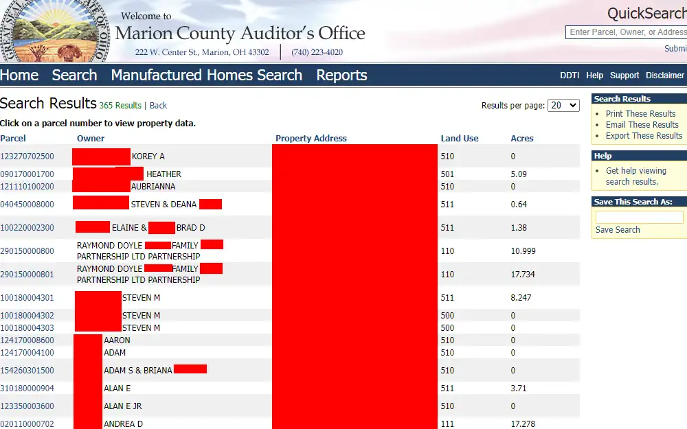 A screenshot of the Marion County Auditor's Office's property search tool showing sample results providing the property's parcel number, owner's name, address, land use, and acres.