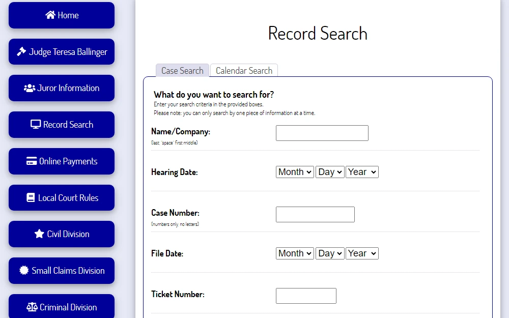 A screenshot of Marion Municipal Court's Record Search tool that is searchable through the Case Search option or Calendar Search by entering the criteria needed to find the record an individual is looking for.