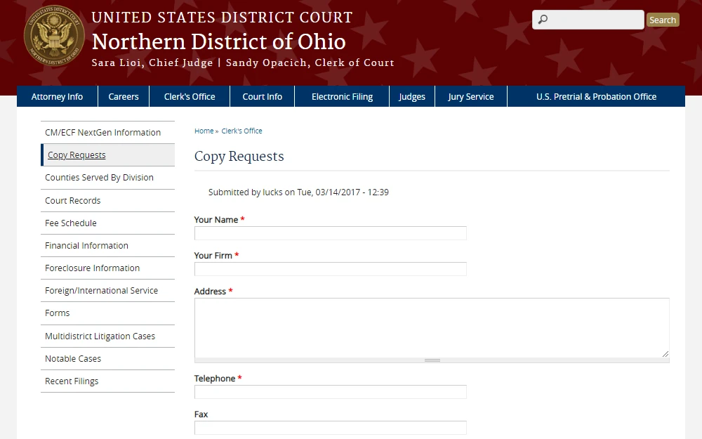 A screenshot of an Online Copy Requests form that requesters must complete to request records to the United States District Court, Northern District of Ohio.