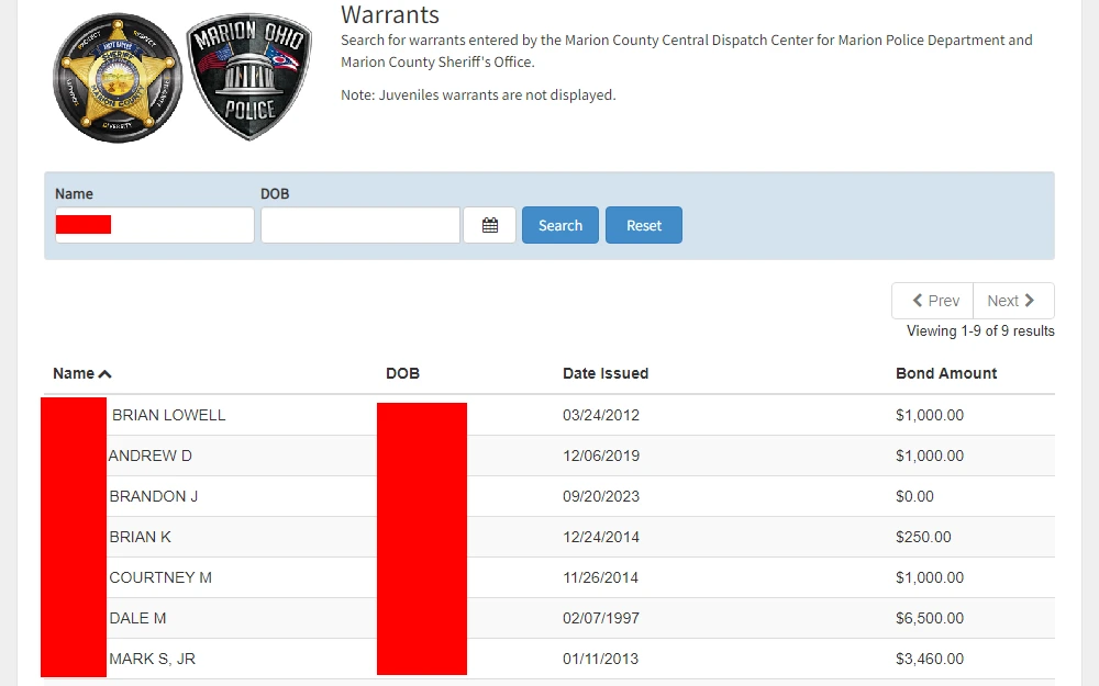 A screenshot of the Warrants Search tool maintained by the Marion County Central Dispatch Center for the Marion County Sheriff’s Office and the Marion Police Department that can be searched by providing the name and DOB of those individuals with warrants. 