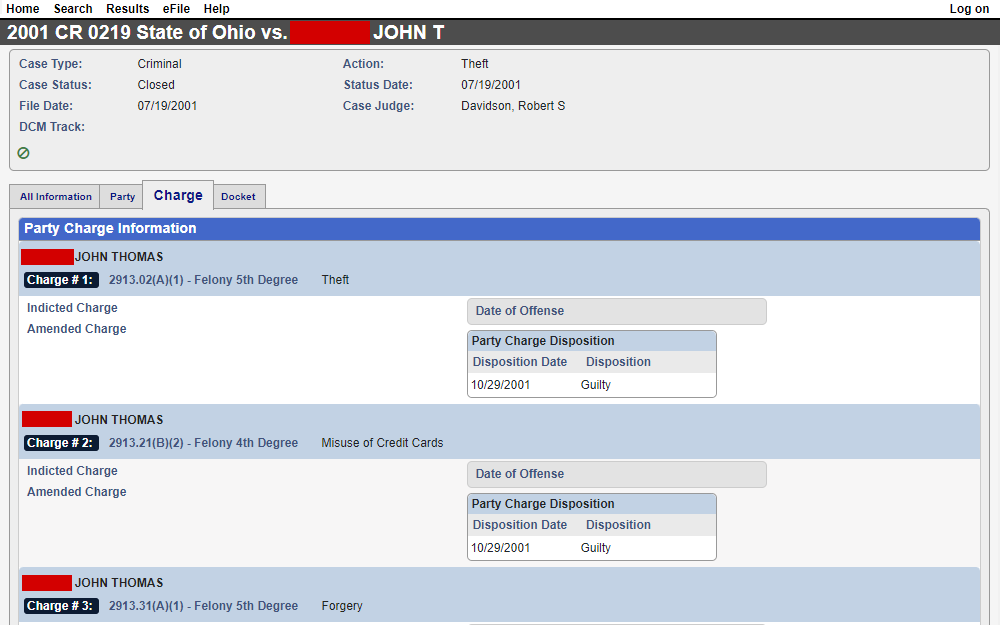 Screenshot of a case detail from the court records search results from Marion County, displaying the case summary at the top including case number, title, status, type, action, filing date, status date, case judge, and DCM track; and the charge tab that contains charge information and party charge disposition..