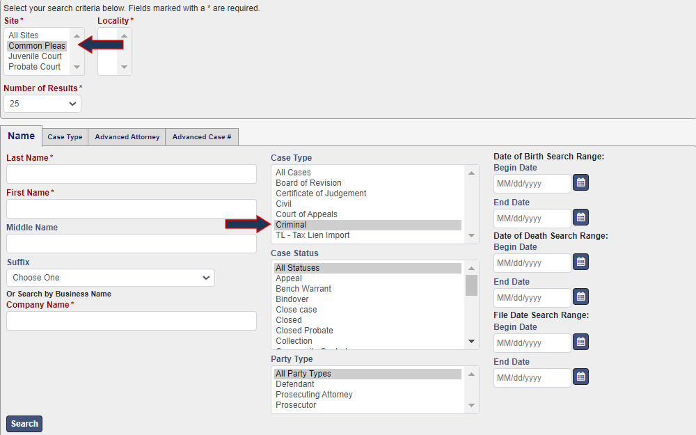 Screenshot of the court records search tool from Marion County with options to search by name, case type, attorney number, and advanced case number as reflected in the provided tabs; and filters such as site, case type, case status, party type, and date range, with "Common Pleas" court selected for site and "Criminal" for case type.