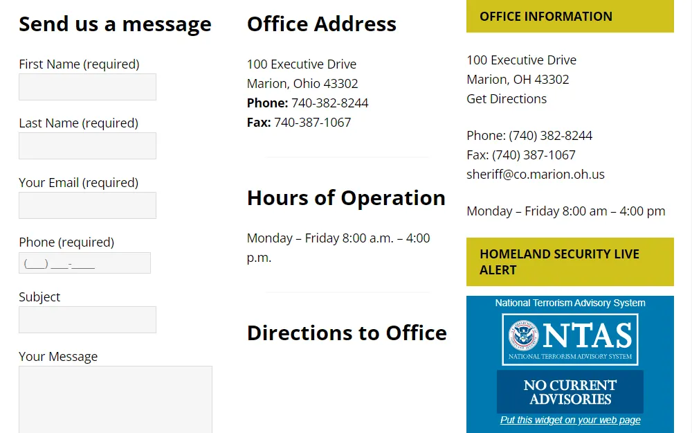 Screenshot of the online contact form and information of the Marion County Sheriff, including fields for name, phone number, email, subject, and message.