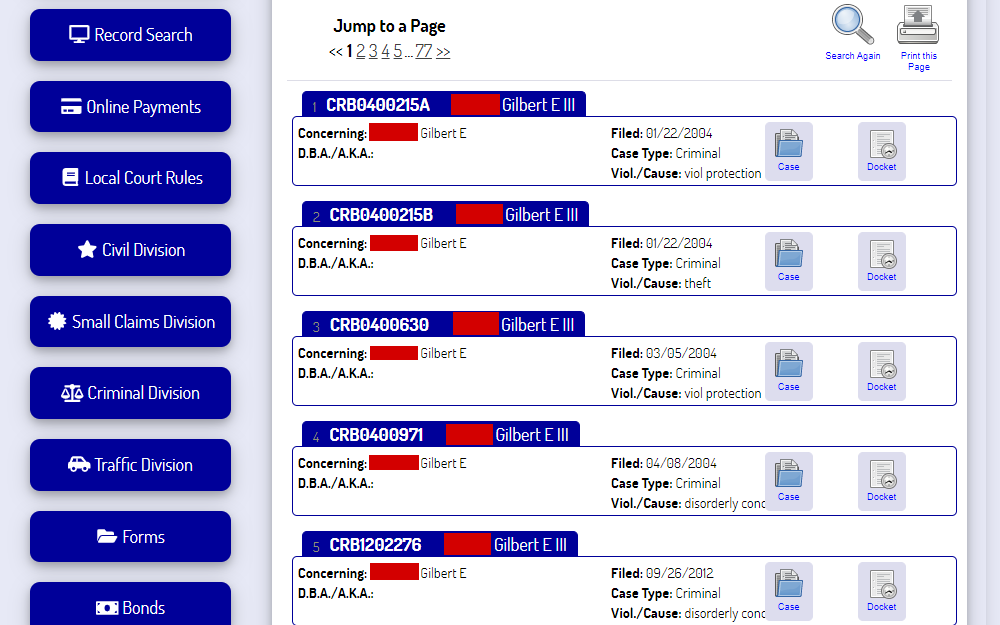 Screenshot of the search results from the Marion Municipal Court, listing the case numbers, names of offenders, filed dates, case types, violations, and buttons for viewing cases and dockets.