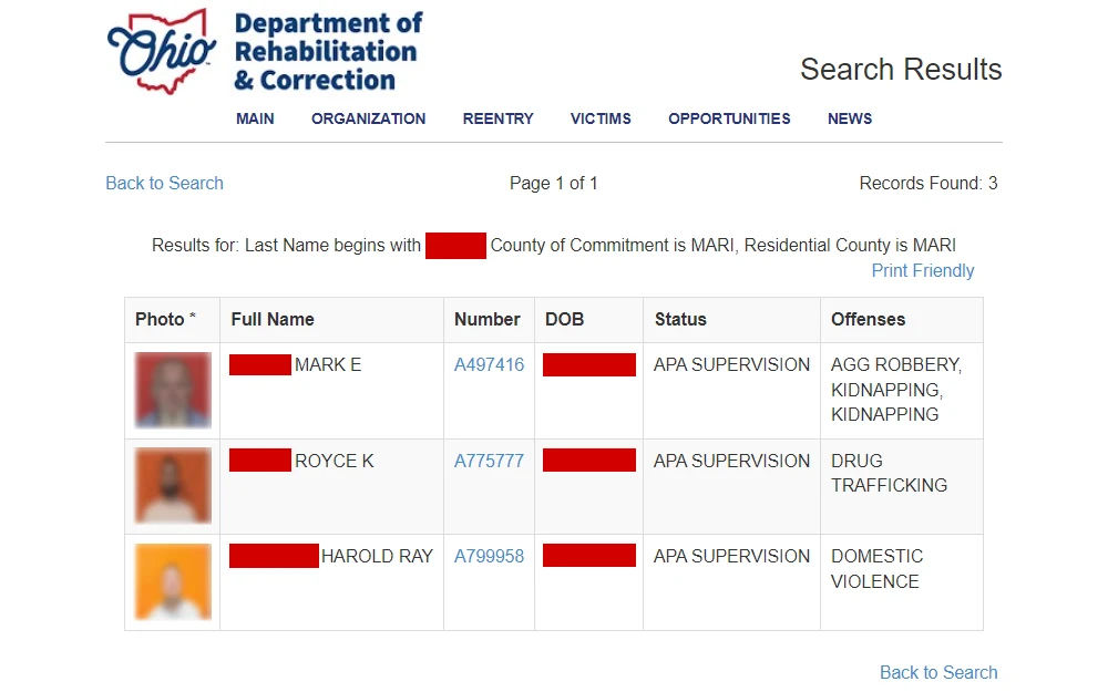 Screenshot of the inmate search results from the Ohio Department of Rehabilitation and Correction listing the offenders' mugshots, names, ID numbers, birthdays, status, and offenses.