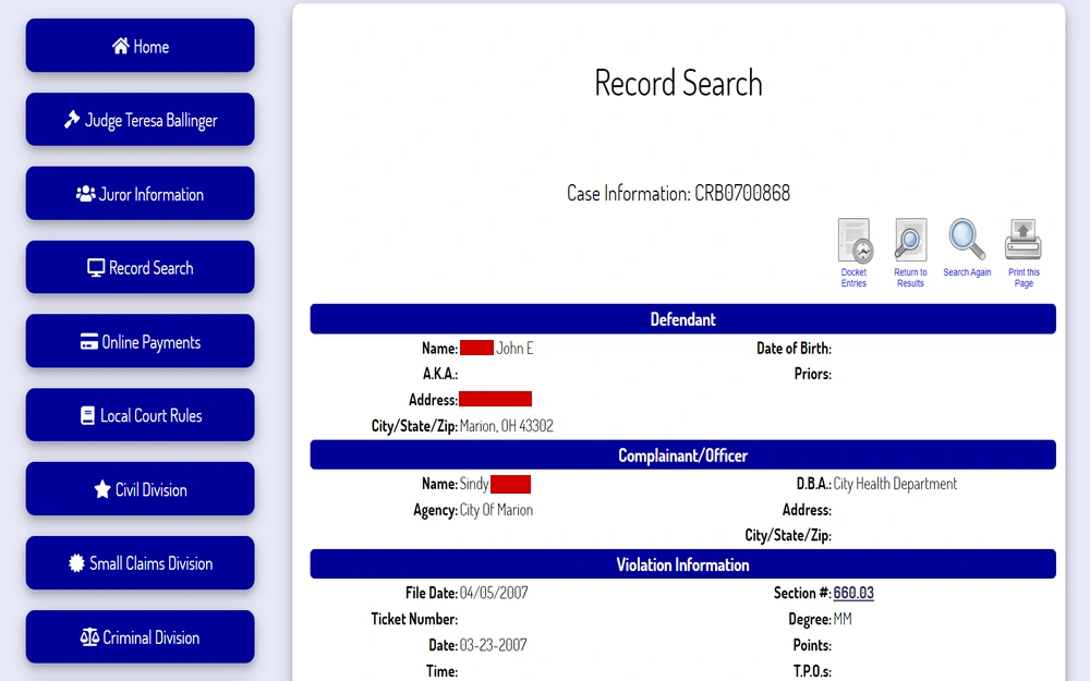 A screenshot from the Marion Municipal Court displaying a defendant's record with name and address, alongside the complainant's information and case details, within a website navigation that includes various court divisions and services.