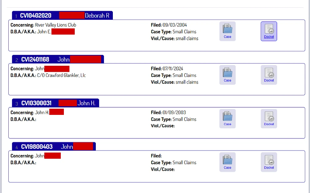 A screenshot from the Marion Municipal Court website displaying search results with details such as name, date filed, case type, violations, and causes.